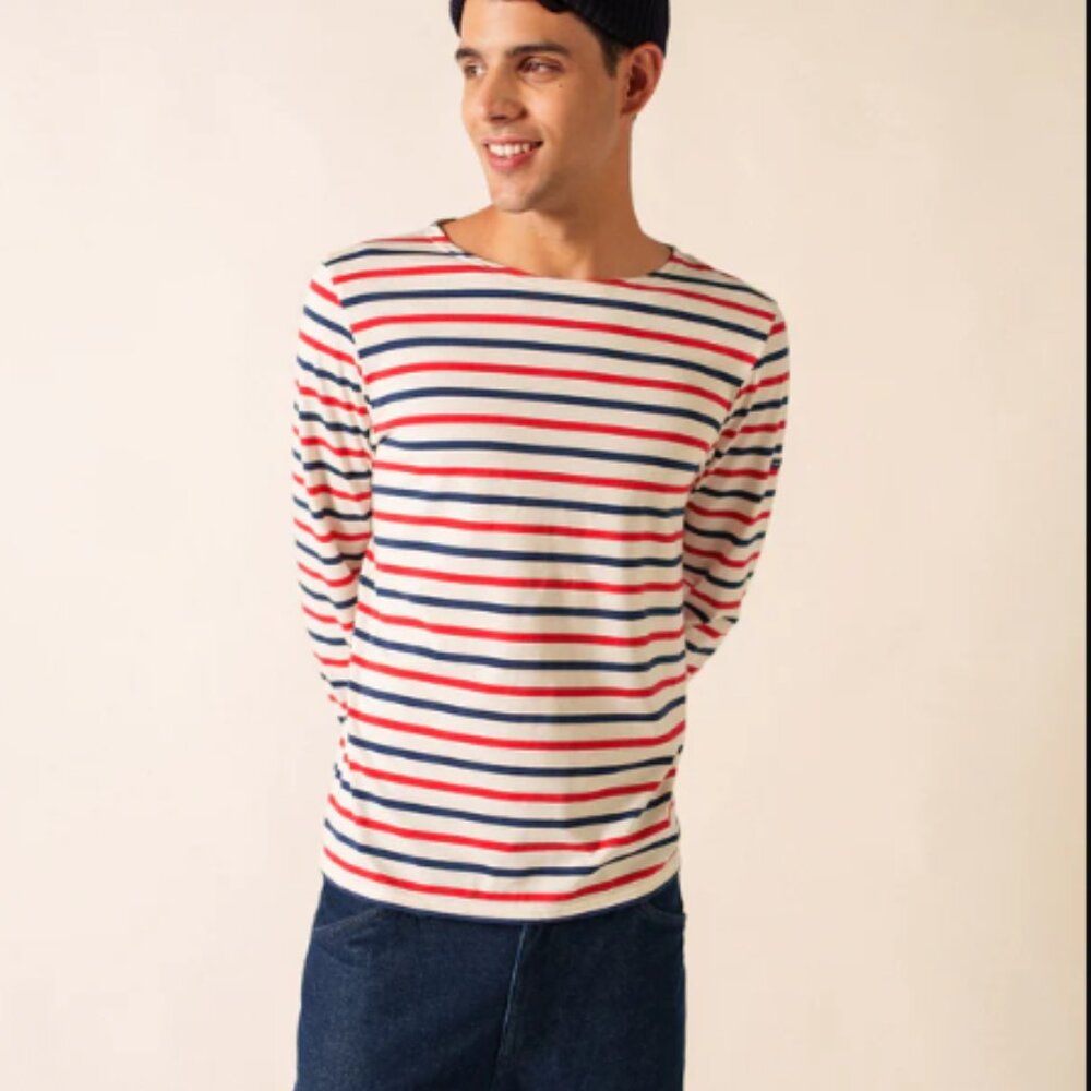Saint James Cream Stripe Long Sleeve Tee with Red & Navy
